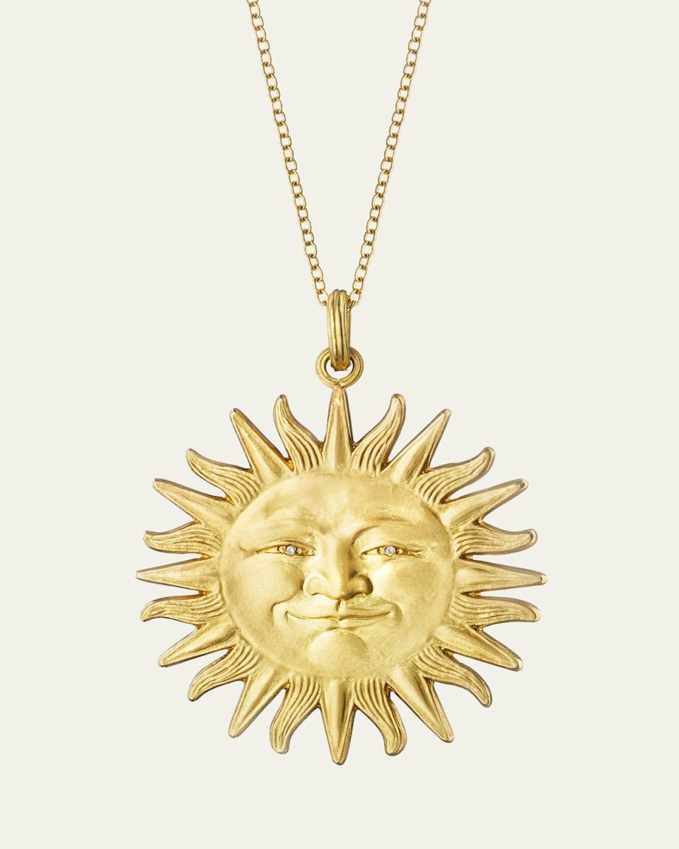 18K Yellow Gold Large Sunface Pendant Necklace with Diamond Eyes, 34mm